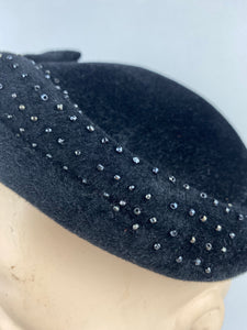 Original 1950s Inky Black Felt Skull Cap with Glass Beads - Lovely Vintage Hat