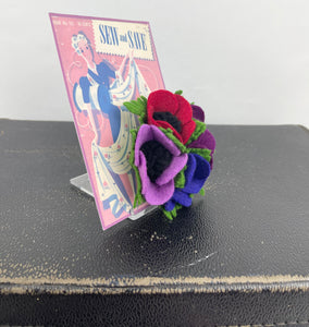 1940's Felt Flower Anemone Corsage - Pretty Wartime Posy Brooch - Red, Purple, Mauve and Violet