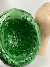 Load image into Gallery viewer, Original 1960s Vibrant Green Lacquered Raffia Hat with Grosgrain Trim
