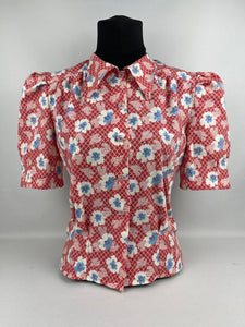 Reproduction Pretty Floral Print Blouse - Patriotic Red, White and Blue with Clear Glass - Bust 34