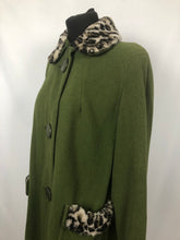 Load image into Gallery viewer, 1950s Green Wool Coat with Faux Fur Leopard Print Trim 38 40 42
