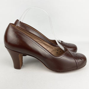 Original 1940's Brown Leather Court Shoes with Punch Detail by Norvic - UK 5.5 6