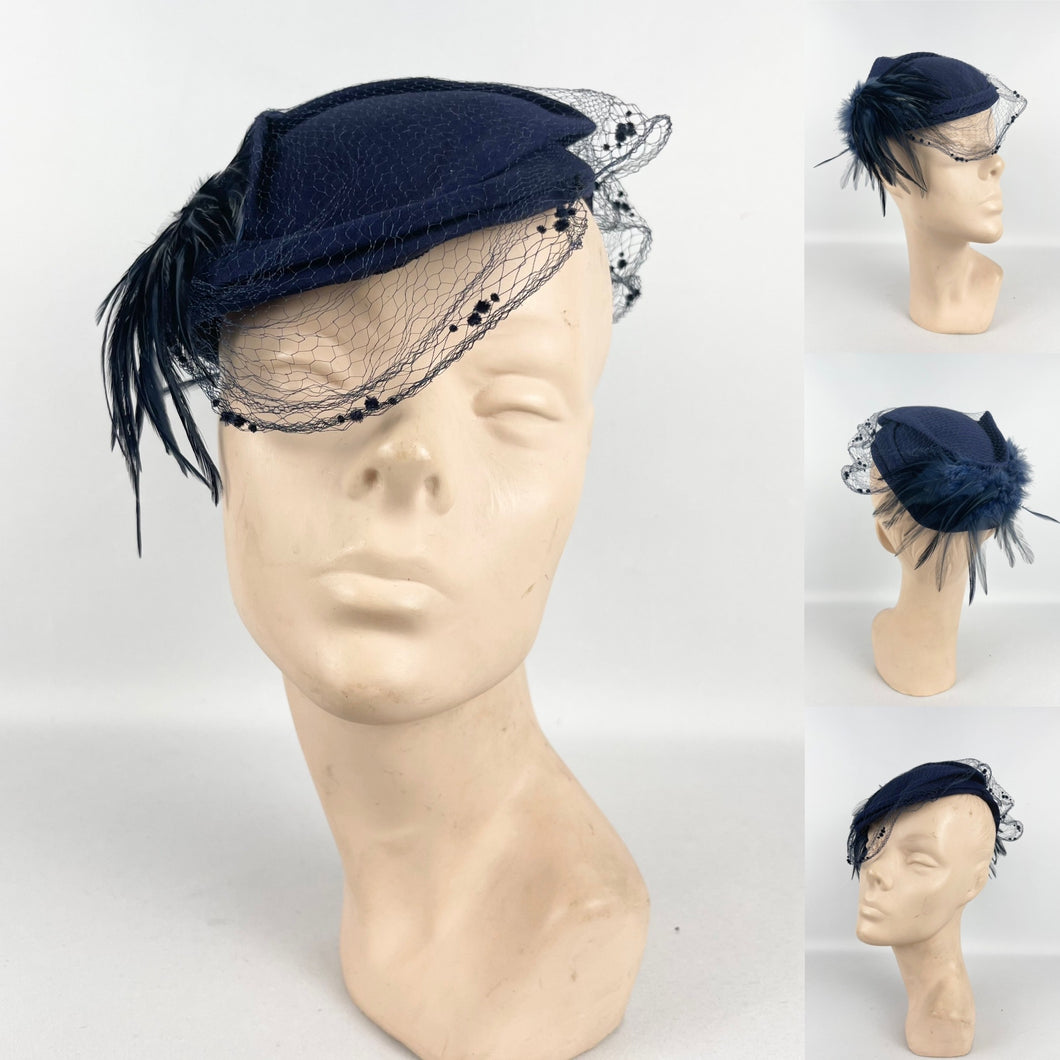 Original 1930s Navy Blue Felt Hat with Feather Trim and Neat Net Detail
