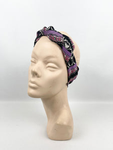 Original 1930's Vibrant Crepe Scarf or Headscarf in Purple, Magenta, Black and White - Great Christmas Gift