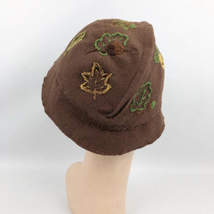 Original 1930s Brown Felt Hat with Autumnal Embroidery