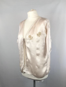 1930s 1940s Soft Pale Pink Satin Bed Jacket with Applique - B38 40
