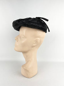 Original 1950's Shiny Black Straw Petal Hat with Grosgrain Bow Trim *