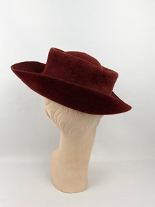 Original 1930s Chestnut Felt Hat with Cutout Detail and Green Grosgrain Trim - AS IS