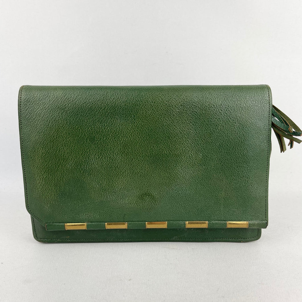 Original 1930's 1940's Green Leather Clutch Bag with Gold-Tone Accents