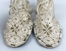 Load image into Gallery viewer, Original 1940&#39;s Make Do and Mend Homemade Summer Sandals in Crochet with Ankle Ties - UK size 5

