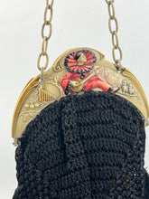 Load image into Gallery viewer, Original 1920&#39;s French Made Antique Crochet Bag with Celluloid Frame Decorated with Pierrot, Owls and Musical Instruments
