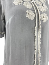 Load image into Gallery viewer, Original 1930&#39;s Powder Blue Chiffon Blouse with White Applique Trim - Bust 32

