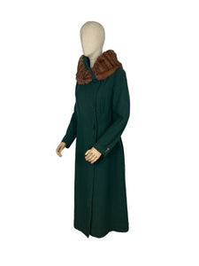 Exceptionally Beautiful Original 1930’s Ivy Green Textured Wool Coat with Genuine Fox Fur Collar - Bust 36 38