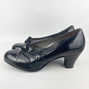 Original 1930's 1940's Deadstock in Box Black Glace Kid Leather Court Shoes by Diana - UK 6 6.5