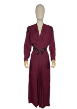 Load image into Gallery viewer, Original 1940&#39;s Burgundy Satin Backed Crepe Sequined Evening Dress with Tie Belt by Crompton Perry - Bust 38 40 42
