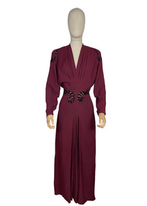 Original 1940's Burgundy Satin Backed Crepe Sequined Evening Dress with Tie Belt by Crompton Perry - Bust 38 40 42