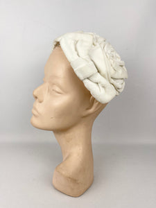 Original 1950's White Cotton Velvet Hat with Double Bow Trim *