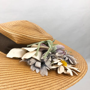 1940s Wide Brimmed Straw Hat with Floral Trim
