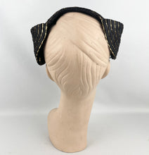 Load image into Gallery viewer, Fabulous Original 1950&#39;s Black Straw Cocktail Hat with Gold Trim and Net - Perfect Evening Hat
