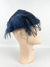 Load image into Gallery viewer, Original 1930s Navy Blue Felt Hat with Feather Trim and Neat Net Detail
