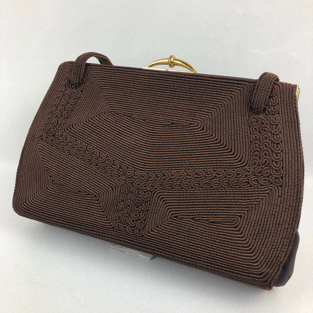 Original 1940's 1950's Gold Seal Chocolate Brown Corde Style Handbag - Beautiful Vintage Bag