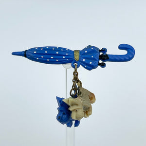 Original 1940's Brooch Featuring a Pair of Scottie Dogs Hanging From a Blue and White Polka Dot Umbrella
