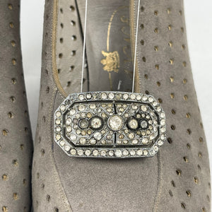 Original 1940's Grey Suede Peep-toe Shoes with Paste Clips and Punch Detail - UK 4