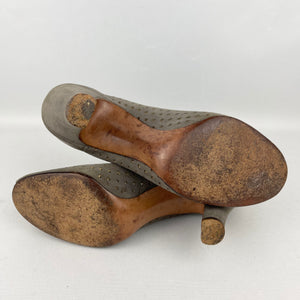 Original 1940's Grey Suede Peep-toe Shoes with Paste Clips and Punch Detail - UK 4