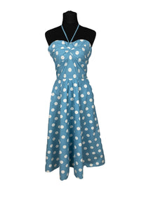 Original 1950's Blue and White Large Polka Dot Halter Neck Sundress - Summer Dress - Bust 36