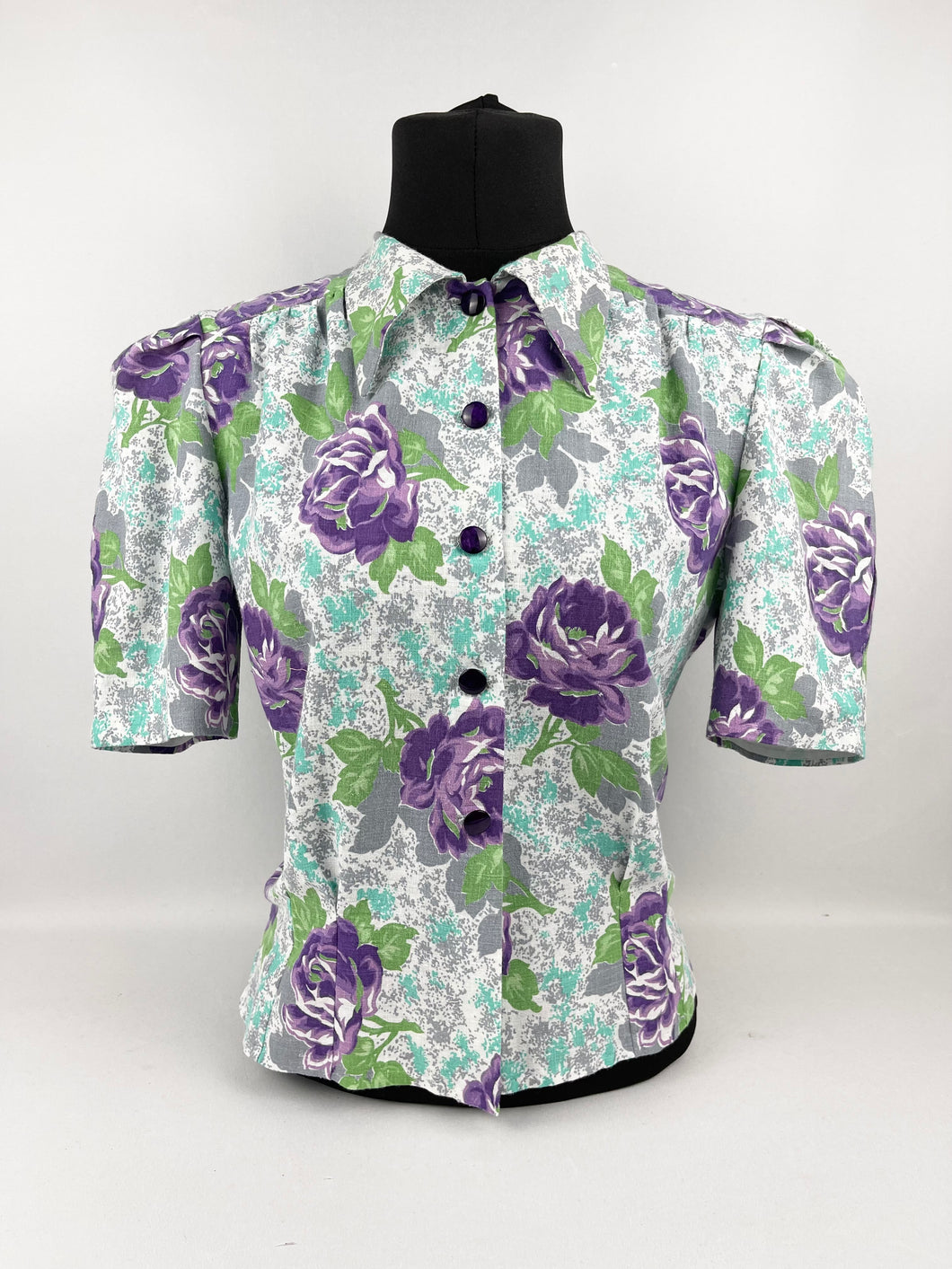 1940's Reproduction Floral Print Blouse with Large Purple Roses and Grey Buttons Made From and Original 1940's Feed Sack - Bust 34