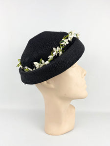 Original 1950s Black Straw Hat with White Floral Trim