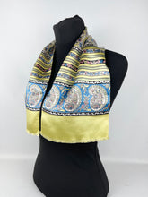 Load image into Gallery viewer, Original 1930&#39;s Yellow, Green and Blue Paisley Stripe Satin Scarf or Headscarf
