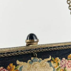 1920s 1930s Petit Point Black Floral Evening Bag