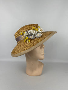 Original 1930's Wide Brimmed Natural Straw Hat with Cluster of Fabric Flowers