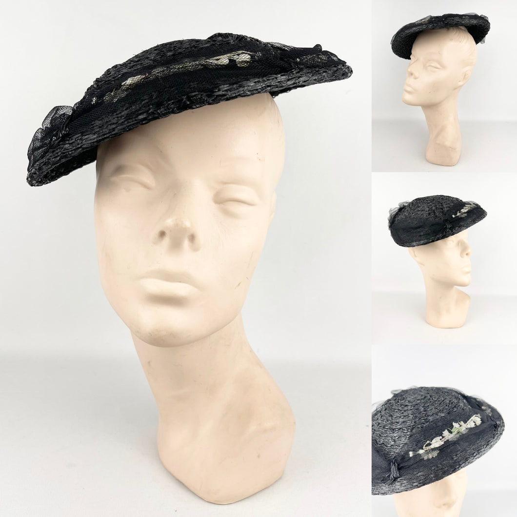 Original 1950's Black Straw Hat with White Fabric Flowers and Net Trim