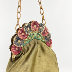 Original 1920s Painted Celluloid Frame Gold Fabric Evening Bag