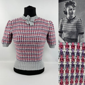Reproduction 1940's Waffle Stripe Jumper Knitted from a Wartime Knitting Pattern - B36 38