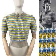 Load image into Gallery viewer, Reproduction 1940&#39;s Waffle Stripe Jumper in Parchment, Cascade, White and Mustard Knitted from a Wartime Pattern - Bust 36 38 40
