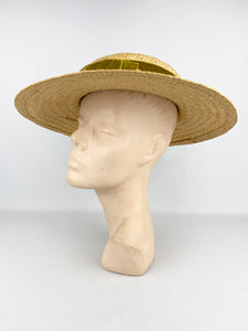 Original 1940s Wide Brimmed Straw Hat with Green Velvet Bow Trim