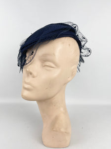 Original 1930s Navy Blue Felt Hat with Feather Trim and Neat Net Detail