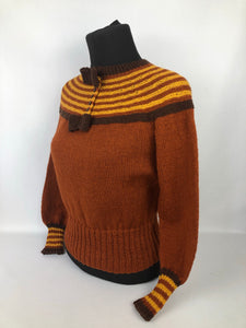 Reproduction 1930s Hand Knitted Jumper in Rust with Brown and Mustard Stripes B 35" 36" 37" 38”