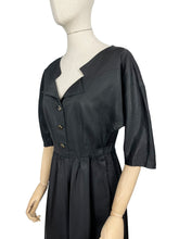 Load image into Gallery viewer, Original 1950&#39;s Inky Black Taffeta Cocktail Dress - Fabulous Little Black Dress with Full Skirt and Black and Gold Buttons - Bust 34 35 36
