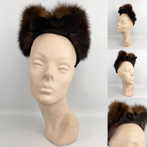 Original 1940’s Dark Brown Felt Hat with Neat Bow and Mink Fur Trim