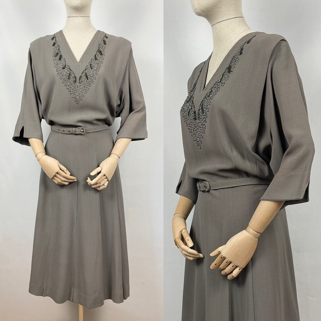 Original 1940s Crepe Dress with Beaded Bodice and Original Belt - Bust 48