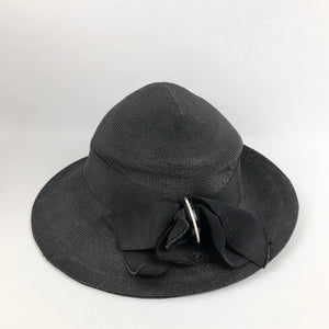 1930s Black Straw Hat with White Celluloid Trim