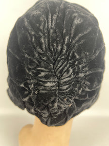 Original 1920s Black Cotton Velvet Cloche with Celluloid and Paste Hat Flash