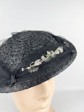 Load image into Gallery viewer, Original 1950&#39;s Black Straw Hat with White Fabric Flowers and Net Trim

