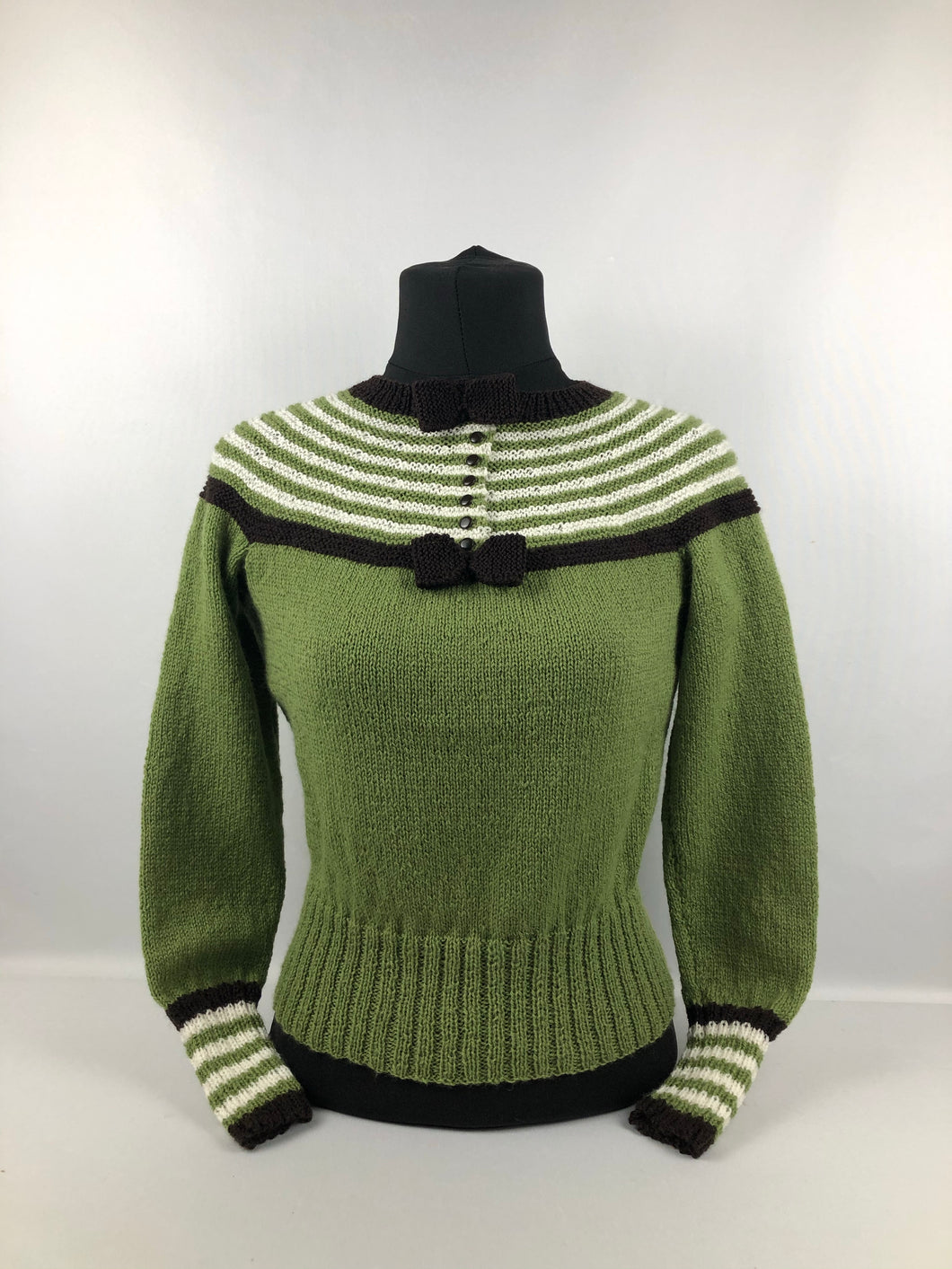 Reproduction 1930s Hand Knitted Jumper in Soft Green with Brown and Cream Stripes B 35