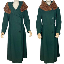 Load image into Gallery viewer, Exceptionally Beautiful Original 1930’s Ivy Green Textured Wool Coat with Genuine Fox Fur Collar - Bust 36 38
