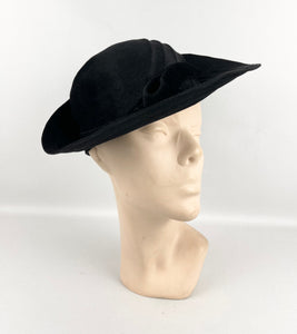 Original 1930's Austrian Made Inky Black Fur Felt Hat with Bow Trim